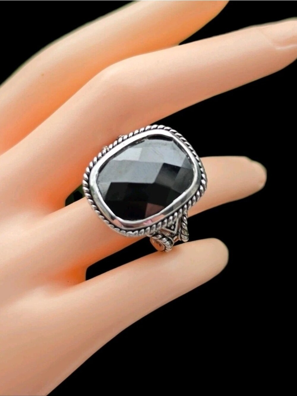 Vintage 18K GP Large Faceted Black Onyx Cocktail Statement Ring Size 8